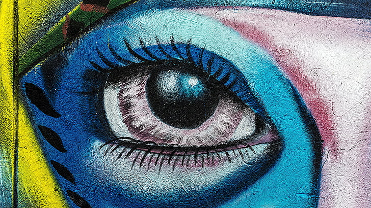 eyes, eyelashes, colorful, artwork, graffiti, wall, cyan, blue, HD wallpaper