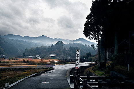 серая бетонная дорога, природа, дорога, горы, облака, туман, осень, HD обои HD wallpaper