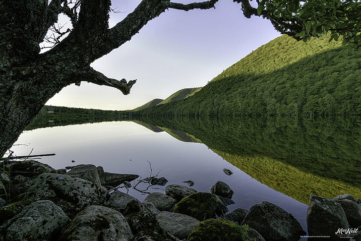 body of water near green mountain under blue sky during day time, tree, Lake, Law, body of water, green mountain, blue sky, day, time, reflection, mountains, rocks, Cabot Trail, nature, landscape, outdoors, water, mountain, scenics, HD wallpaper