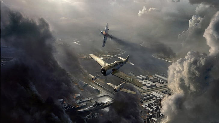 biplan di udara terbuka di atas aplikasi permainan bangunan merokok, Perang Dunia II, Focke-Wulf Fw 190, Focke-Wulf, galangan kapal, Wallpaper HD