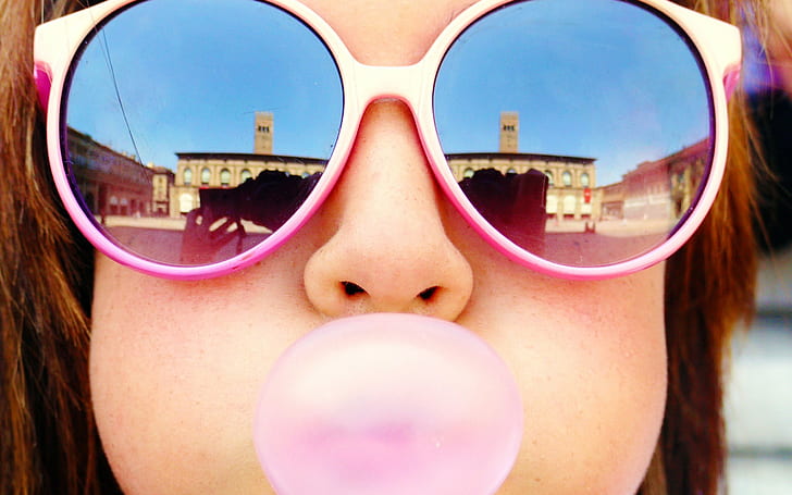 bubble gum, women, women with shades, self portraits, reflection, HD wallpaper