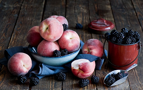 Lebensmittel, Obst, Beeren, Pfirsiche, Brombeeren, HD-Hintergrundbild HD wallpaper