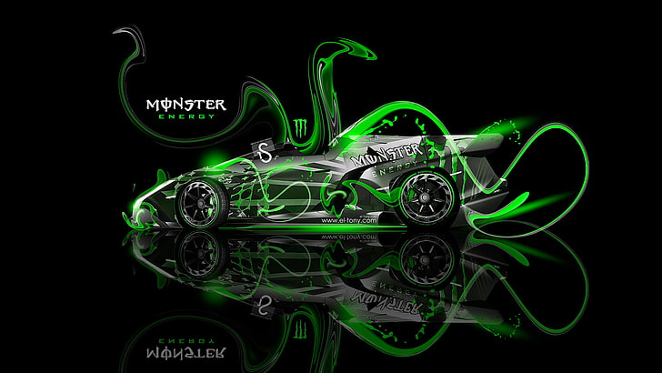 green and gray Monster Energy coupe wallpaper, Roadster, Auto, Lamborghini, Neon, Green, Fantasy, Photoshop, Plastic, Monster Energy, Veneno, el Tony Cars, Tony Kokhan, HD wallpaper