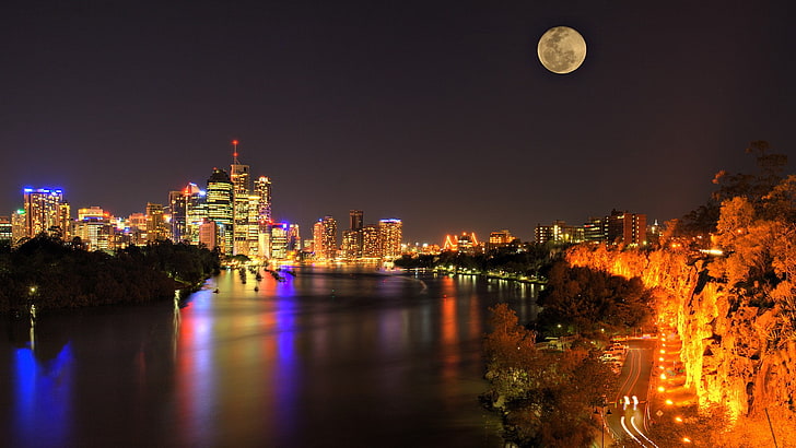 Australia, lights, night, Brisbane, building, river, Moon, cityscape, HD wallpaper