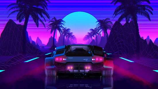 The sun, Lamborghini, Background, 80s, Neon, Countach, Lamborghini Countach, 80's, Synth, Retrowave, Synthwave, New Retro Wave, Videogame, Futuresynth, Sintav, Retrouve, Outrun, Transport and Vehicles, Federico Zimbaldi, by Federico Zimbaldi, Countach Retro Game Racer, back to the 80's, HD wallpaper HD wallpaper