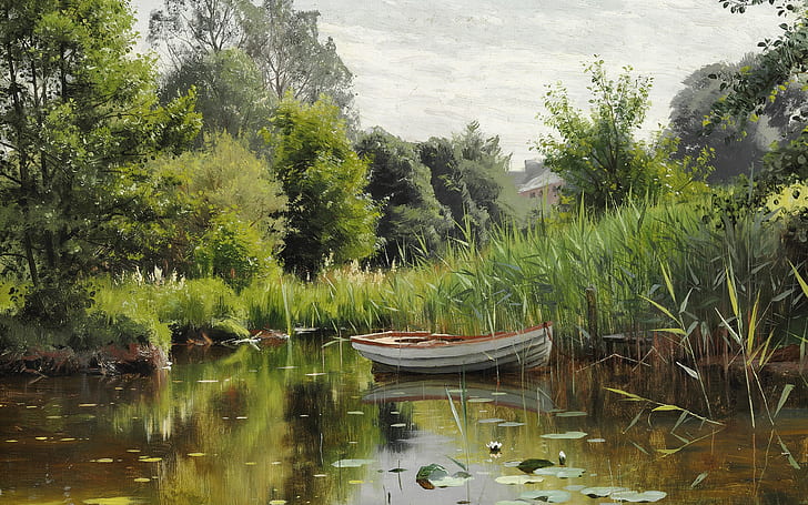 Danish painter, 1903, Peter Merk Of Menstad, Peder Mørk Mønsted, Danish realist painter, A forest lake with a rowboat, Forest lake with a row boat, HD wallpaper