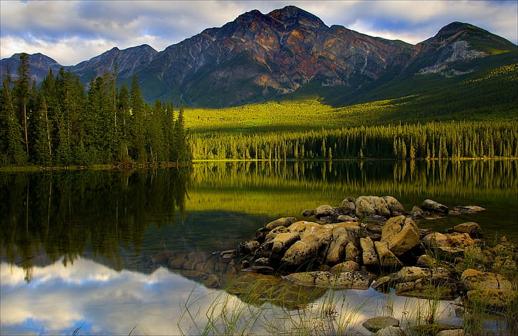 Jasper National Park, Canada, Jasper National Park, Canada, sky, clouds, Lake, Mountain, forest, trees, Sunset, pine, rocks, reflection, HD wallpaper