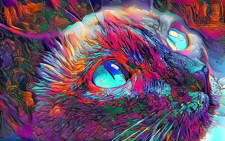ภาพวาดป๊อปอาร์ตแมวสีชมพูสีน้ำเงินและนกเป็ดน้ำ, แมว, งานศิลปะ, ดวงตา, ​​ศิลปะเชิงลึก, เหนือจริง, นามธรรม, วอลล์เปเปอร์ HD