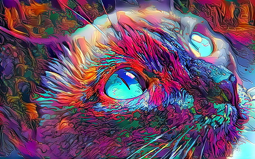 różowy, niebieski i turkusowy kot malarstwo pop art, kot, grafika, oczy, deep-art, surrealistyczne, abstrakcyjne, Tapety HD HD wallpaper