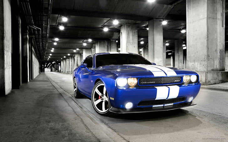 2011 Dodge Challenger, blue and white coupe, 2011, dodge, challenger, cars, HD wallpaper