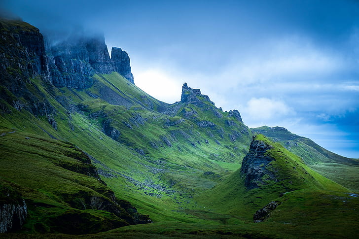 landscape photography of green mountains, quiraing, quiraing, Quiraing, Re-edit, landscape photography, green mountains, skye, scotland, green  mist, clouds, texture, Fujifilm  X-T1, nature, mountain, landscape, scenics, outdoors, grass, hill, cloud - Sky, rock - Object, HD wallpaper