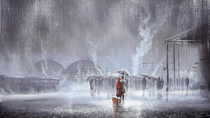 person holding umbrella illustration, rain, kissing, artwork, train station, couple, HD wallpaper