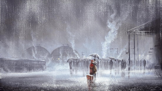 човек, който държи чадър илюстрация, дъжд, целувки, произведения на изкуството, гарата, двойка, HD тапет HD wallpaper