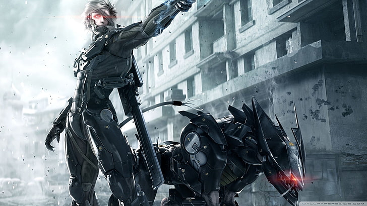 man with sword and robot dog digital wallpaper, video games, Metal Gear Rising: Revengeance, futuristic, Raiden, Blade Wolf, HD wallpaper