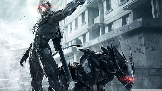 คนที่มีดาบและหุ่นยนต์สุนัขวอลล์เปเปอร์ดิจิทัลวิดีโอเกม Metal Gear Rising: Revengeance, futuristic, Raiden, Blade Wolf, วอลล์เปเปอร์ HD HD wallpaper