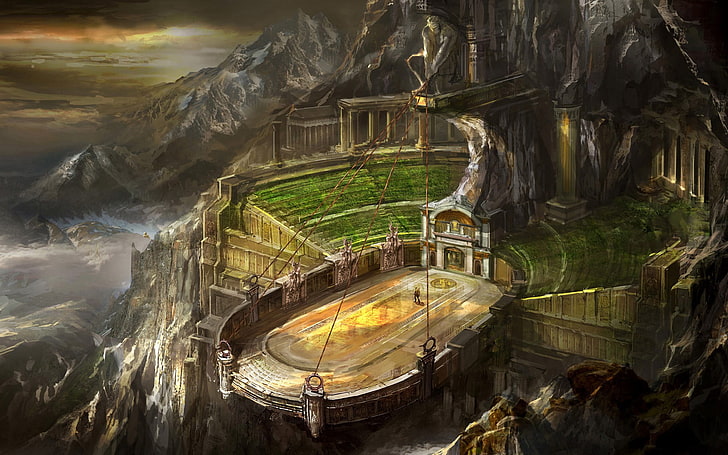 stadion na malowidle górskim, sztuka cyfrowa, fantasy art, God of War, gry wideo, stadion, góry, zaśnieżony szczyt, rzeźba, liny, arena, God of War III, Tapety HD
