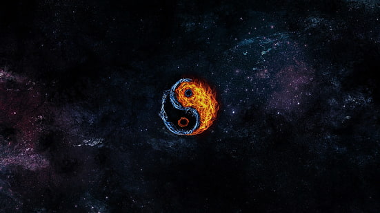 yin, yang, water, fire, elements, stars, nebula, Space, HD wallpaper HD wallpaper