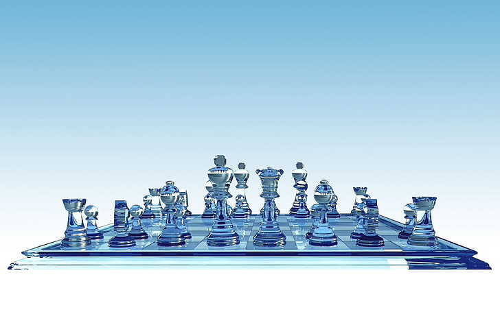 clear-and-blue chess game set, chess, board, party, glass, HD wallpaper