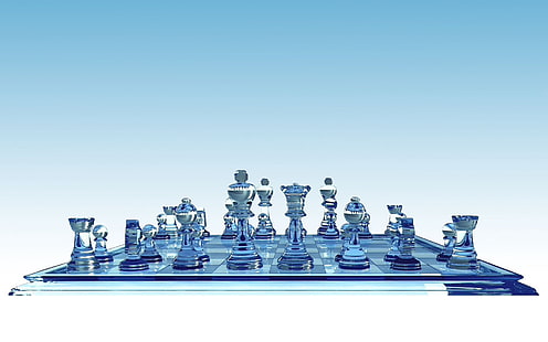 مجموعة لعبة الشطرنج باللونين الشفاف والأزرق ، شطرنج ، لوح ، حفلة ، زجاج، خلفية HD HD wallpaper