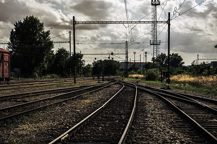 kereta api, tua, karat, mobil, halaman rel, tanah, langit, awan, Pripyat, kereta api, Ukraina, mendung merata, Wallpaper HD