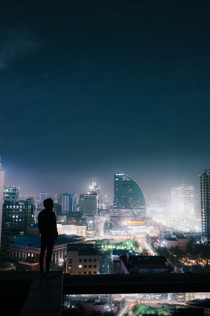night city, roof, loneliness, silhouette, review, HD wallpaper