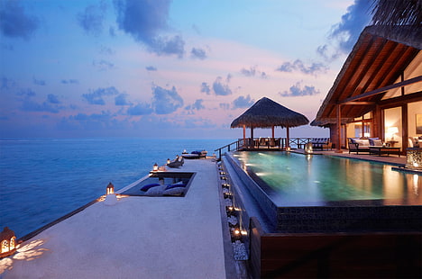 piscina a sfioro, interni, Maldive, piscina, hotel, Sfondo HD HD wallpaper