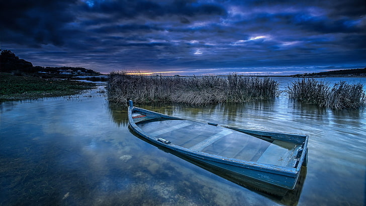 grey bass boat, wreck, boat, sky, blue, water, clouds, landscape, nature, HD wallpaper
