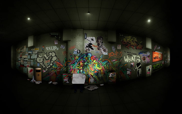 Grafitti wall art, labels, collage, graffiti, corridor, drawings, the transition, HD wallpaper