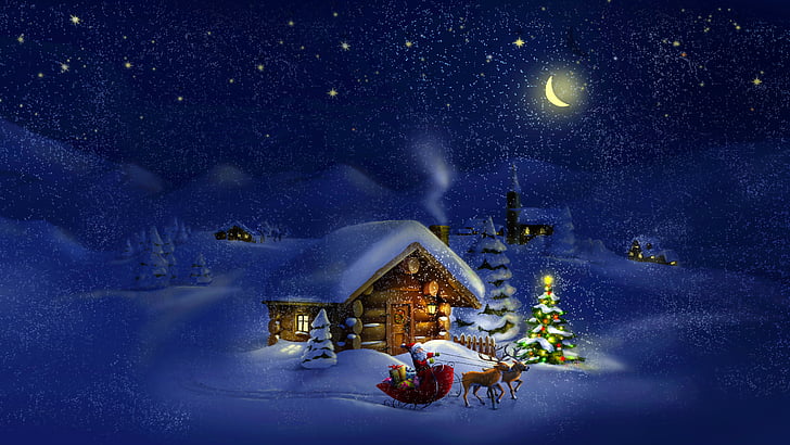 Christmas, New Year, Santa, deer, moon, night, winter, house, snow, 4k, HD wallpaper