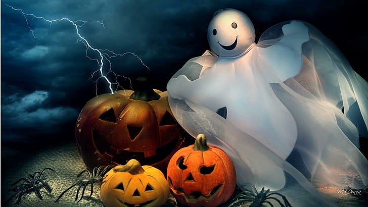 Happy Halloween Ghost, Halloween themed poster, halloween, jack o lanterns, cute, whimsical, happy, lightning, ghost, pumpkins, spiders, 3d and abstrac, HD wallpaper