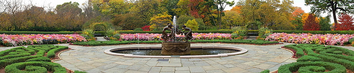 Нью-Йорк, тройной экран, парк, фонтан, цветы, булыжник, HD обои