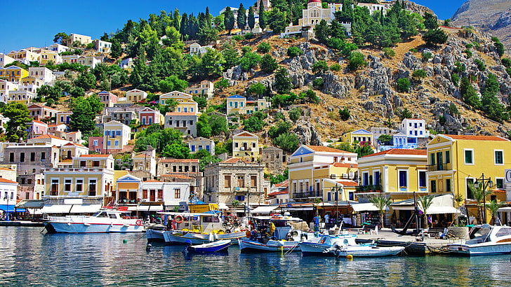 cidade, Grécia, Symi, barco, colorido, HD papel de parede