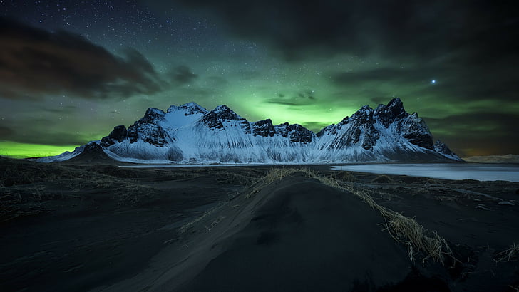 parque nacional vatnajokull, aurora boreal, parque nacional, stokksnes, islândia, montanhas vestrahorn, luzes do norte, luzes polares, noite estrelada, céu noturno, montanha, vestrahorn, HD papel de parede