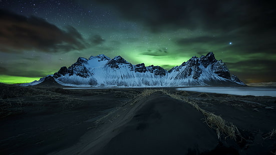 национален парк vatnajokull, северно сияние, национален парк, stokksnes, Исландия, планини Вестрахорн, северно сияние, полярни светлини, звездна нощ, нощно небе, планина, вестрахорн, HD тапет HD wallpaper
