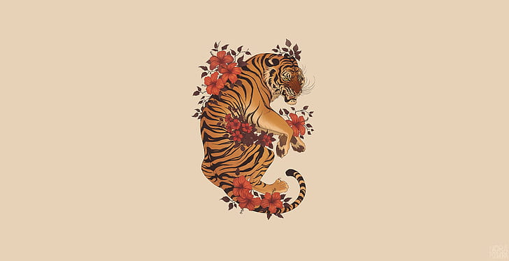 tigre, ilustraciones, animales, fondo simple, grandes felinos, Fondo de pantalla HD
