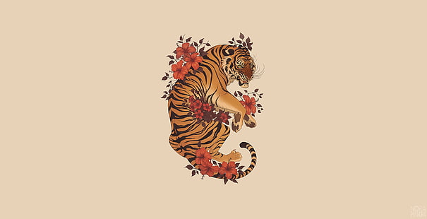 тигр, произведение искусства, животные, простой фон, большие кошки, HD обои HD wallpaper