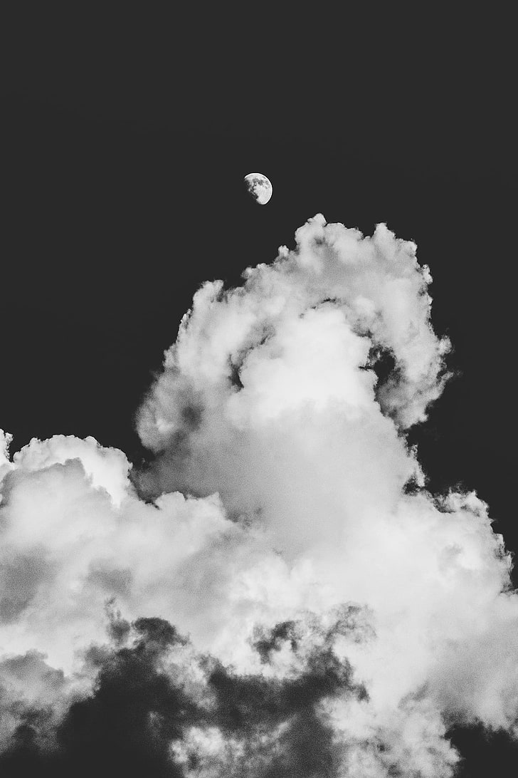 Bulan, awan, monokrom, Wallpaper HD, wallpaper seluler