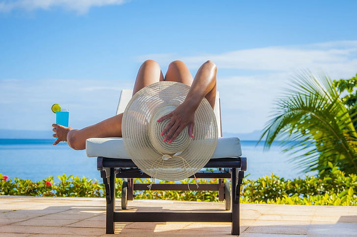sunbathing, women outdoors, women, cocktails, hat, HD wallpaper