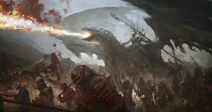 fantasy war, dragon, fire, dead army, artwork, Fantasy, HD wallpaper