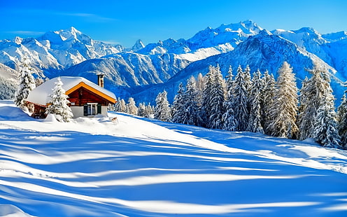 冬の夢のような場所、茶色の木造住宅、雪、森、風景、冬の風景、 HDデスクトップの壁紙 HD wallpaper