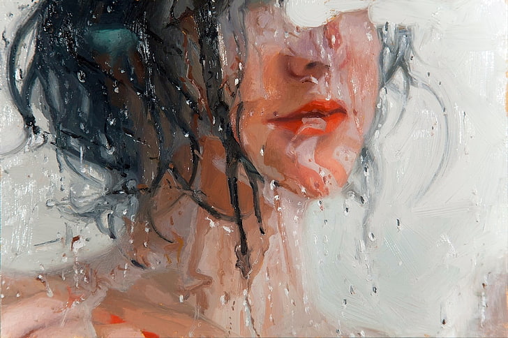 Frau schwarze Haare und rote Lippen malen, malen, Alyssa Monks, Kunstwerk, Gesicht, Frauen, HD-Hintergrundbild