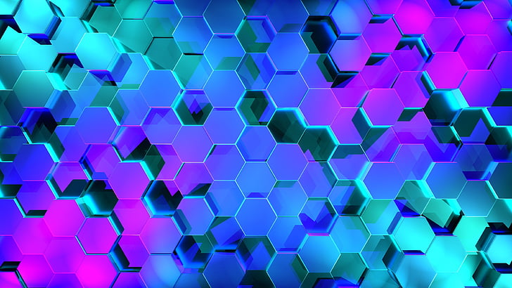 brilho, hexágono, azul, favo de mel, roxo, turquesa, azul, azul elétrico, padrão, arte digital, simetria, 3d, textura, brilho, ponto, HD papel de parede