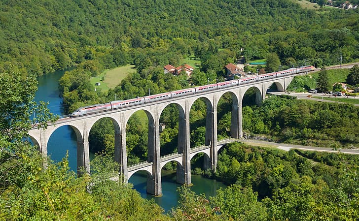 forest, bridge, river, France, train, viaduct, The River Ain, Viaduct PPE Roloson, Ain River, Cize–Bolozon viaduct, HD wallpaper
