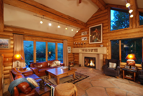 прямоугольный коричневый деревянный журнальный столик, комфорт, диван, окна, интерьер, камин, HD обои HD wallpaper