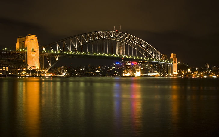 bridge, Sydney Harbour Bridge, Sydney, Australia, night, water, city lights, river, HD wallpaper