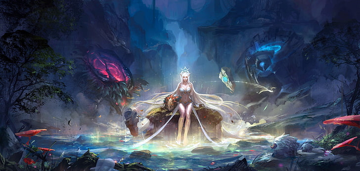 kvinna sitter på berget mångfärgad illustration, Janna (League of Legends), League of Legends, HD tapet