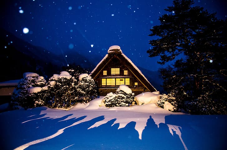invierno, luz, nieve, árboles, paisaje, naturaleza, casa, pueblo, la tarde, Japón, sombras, Shirakawa-go, Fondo de pantalla HD
