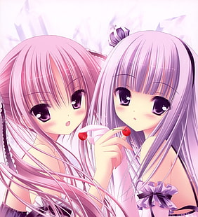пищевые ленты вишни фиолетовые волосы розовые волосы аниме звяканье иллюстрации две девушки аниме девушки 2664 Люди розовые волосы HD Art, еда, ленты, HD обои HD wallpaper