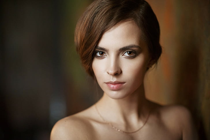 Victoria Lukina, face, women, bare shoulders, Maxim Maximov, necklace, portrait, HD wallpaper