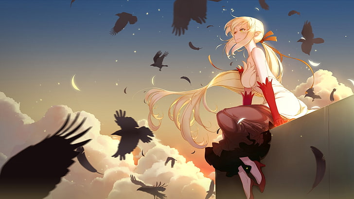 oshino shinobu, kizumonogatari, blonde, crows, sitting, Anime, HD wallpaper